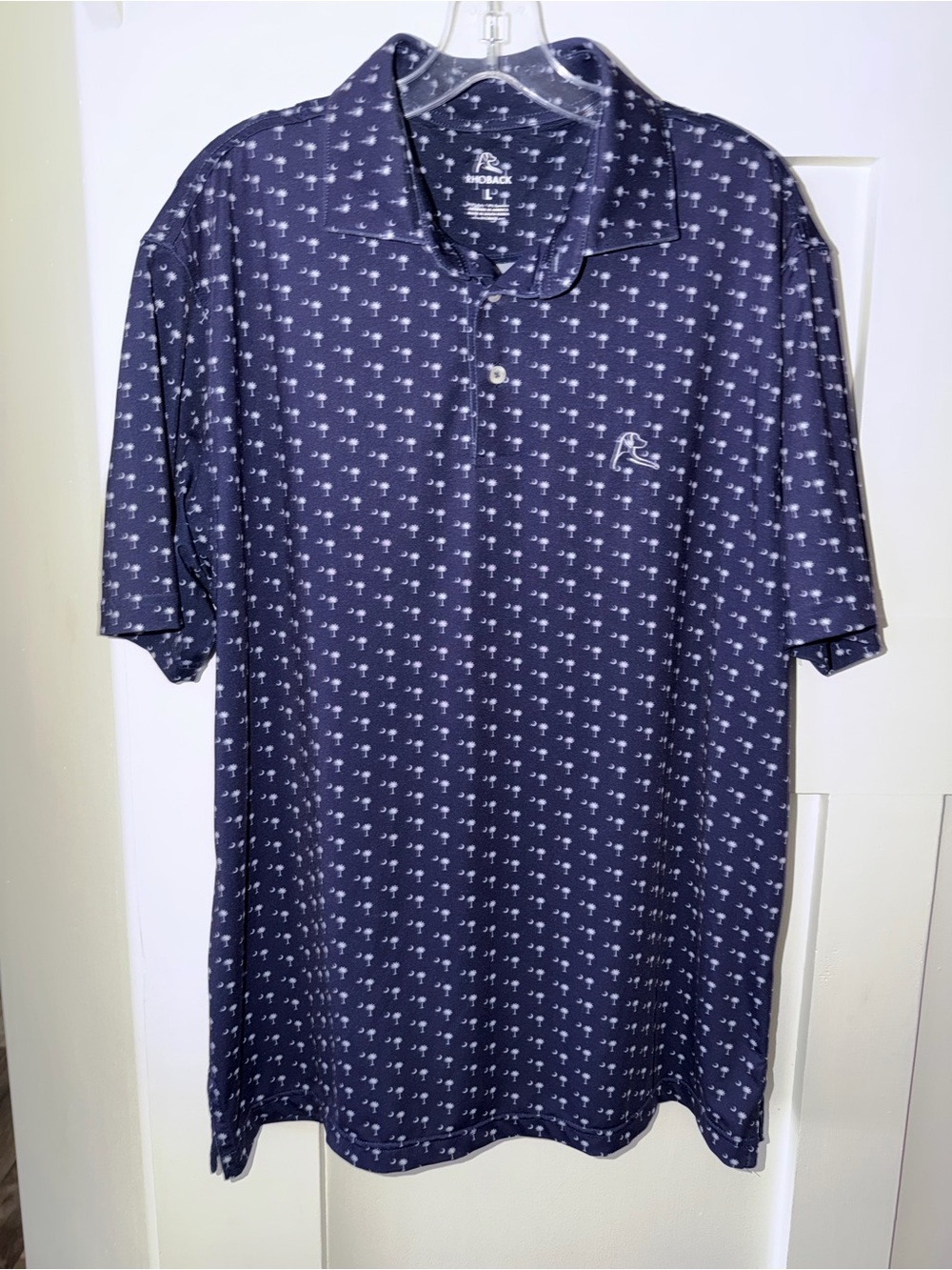 Rhoback Polo Shirt Men’s Large Blue Palmetto Tree Crescent Moon Golf Performance